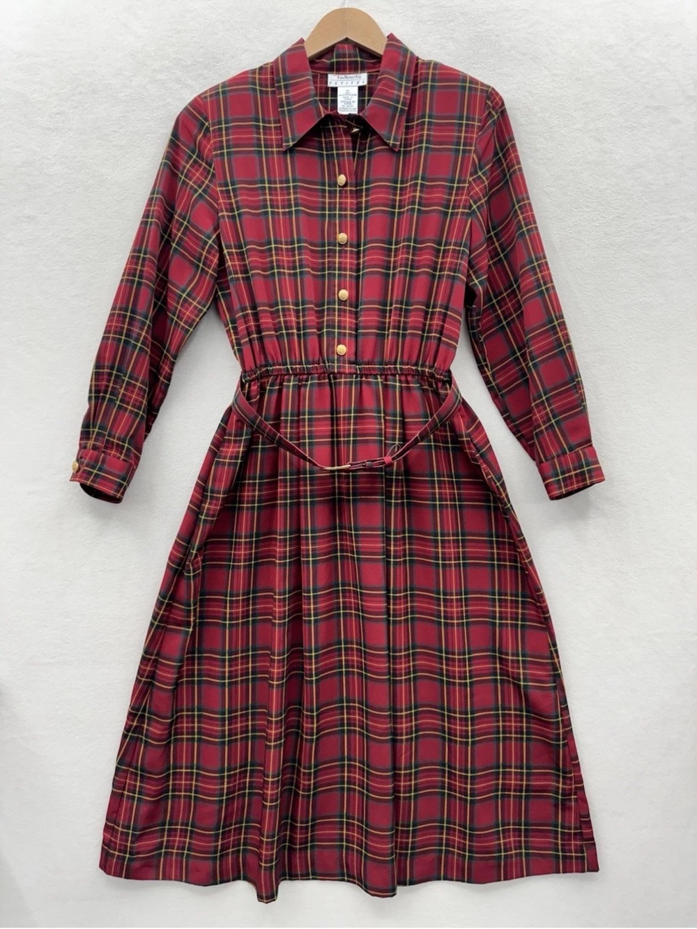 Talbots Red Plaid Long-Sleeve Shirt Dress with Waist Tie